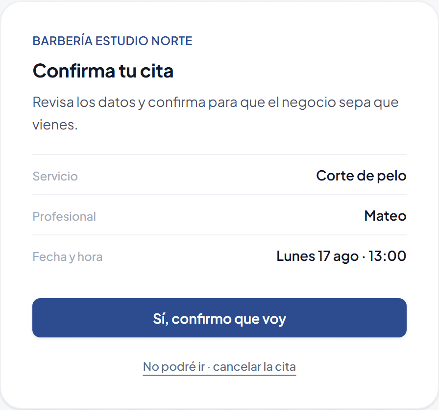 Pantalla donde el cliente confirma su cita desde el enlace del correo